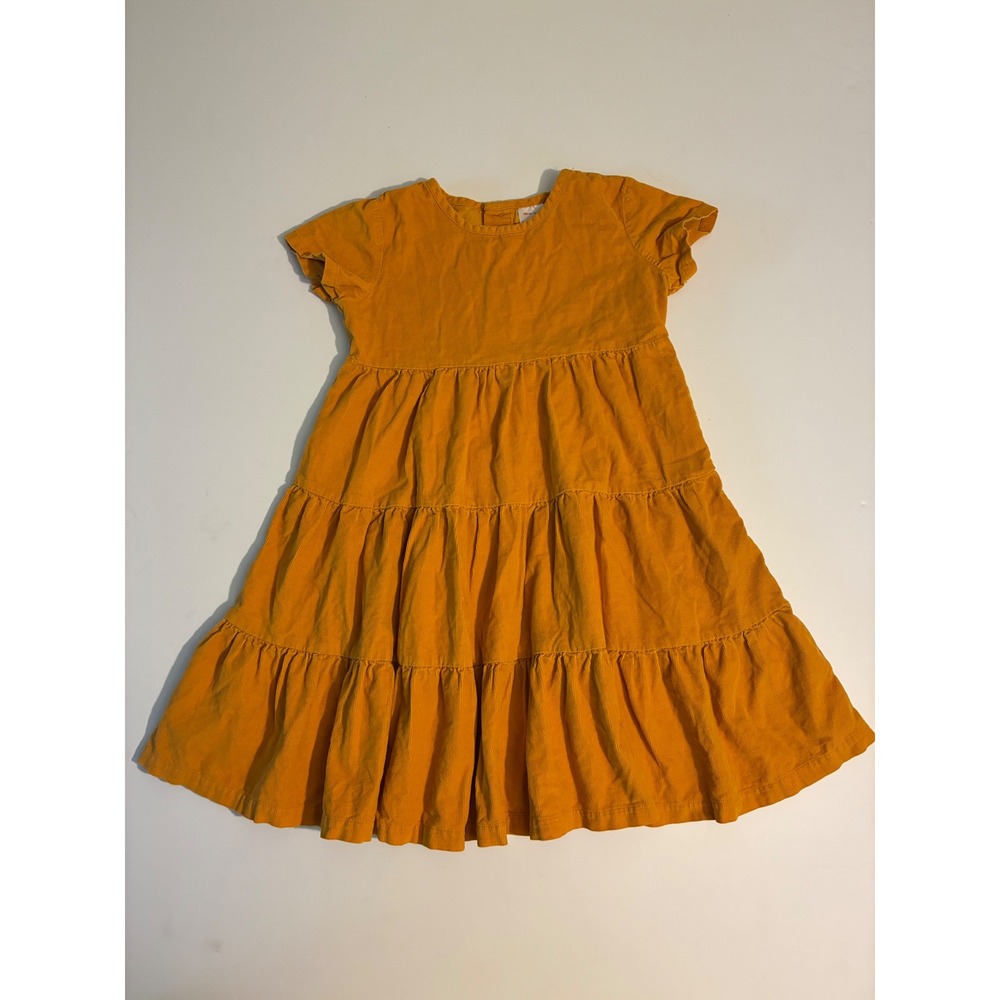 Hanna Andersson Girls Mustard Yellow Corduroy Tiered Dress 120cm US 6-7 Cotton